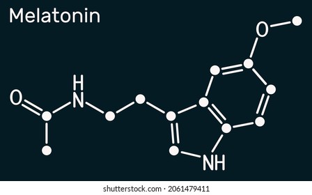 Melatonin Molecule, Hormone That Regulates Sleep And Wakefulness. Structural Chemical Formula On The Dark Blue Background. Illustration