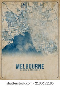 Melbourne Antique Watercolor City Map Poster