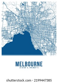 Melbourne Blue Color City Map Poster