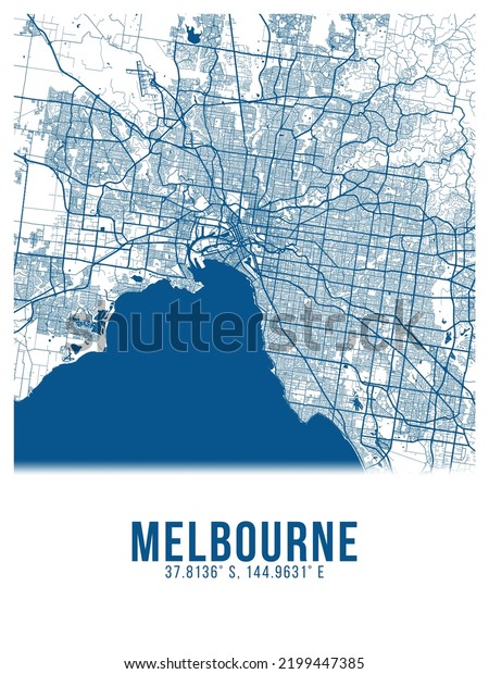 Melbourne Blue Color City Map Poster Stock Illustration 2199447385 ...