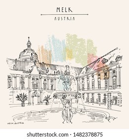 Melk, Lower Austria. Austria, Europe. Fountain At Prelate's Courtyard In Melk Benedictine Abbey. Hand Drawing. Travel Sketch. Vintage Touristic Postcard, Poster, Brochure Or Book Illustration