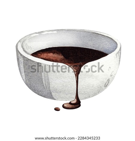 Melted chocolate. Ceramic white bowl with dripping chocolate.Watercolor illustration with chocolate filling. Isolated white background.