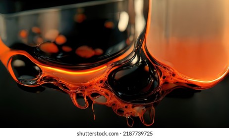 Melted glass, 4k close up illustration. Orange glow, hot molten liquid being poured. Lava, liquid glass texture. Abstract shape with black and grey colors. Macro, 3D illustration.