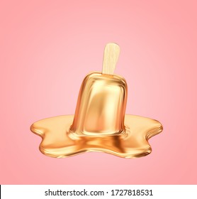 Melted golden ice cream isolated on pink background. 3D rendering with clipping path