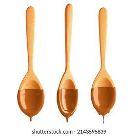 Melted Liquid Caramel Spread In Wooden Spoon. Isolated On Backgruond. 3d Illustration