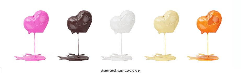 Melting liquid 3d heart shape sweets hot strawberry pink dark chocolate brown white milk cream yellow honey orange puddle spill on white background. Object with clipping path. 3D illustration.