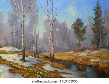 Melting Snow And The First Spring Flowers In A Birch Forest,fine Art, Oil Painting, Spring, Birch Trees, River, Park, Landscape, Nature