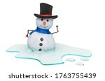 Melting snowman, 3D rendering isolated on white background