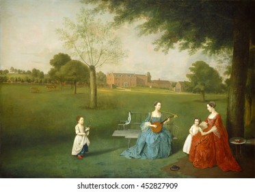 Members of the Maynard Family in the Park at Waltons, by Arthur Devis, c.1755-62, English painting, oil on canvas. Devis painted portraits of his sitters in invented landscape and interiors