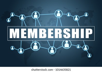 Membership - text concept on blue background with world map and social icons.