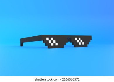 Meme pixel glasses on a blue background. Minimalistic concept. 3D rendering 3D illustration