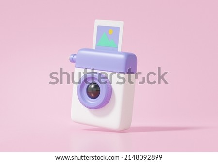 Memo image memory vintage camera floating on pink background. travel photography concept. cartoon minimal sytle, copy space. 3d render illustration
