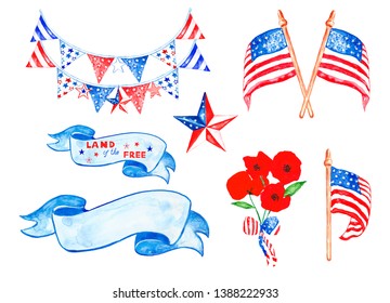 Memorial day and fourth of july watercolor set. Hand painted US flags, stars, decorative garland, poppies, banners, isolated on white background. Red, white and blue decorative elements for cards.