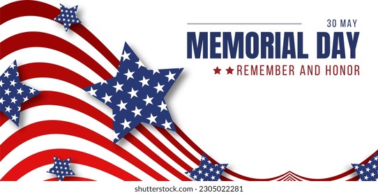 Memorial Day - Remember and Honor Poster. Usa memorial day celebration. American national holiday. Invitation template with red text and waving us flag on white background. Vector - Powered by Shutterstock