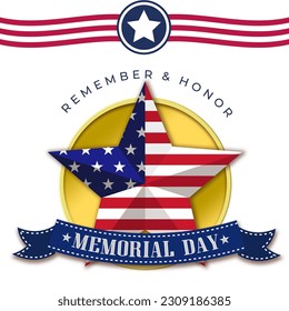 Memorial Day - Remember and Honor Poster. Usa memorial Day celebration. American national holiday. Invitation template with red text and waving us flag on white background. Vector - Powered by Shutterstock