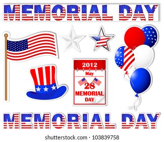 Memorial day. A set stickers of different icons with a picture the American flag.  Raster version.