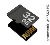 Memory card with 32 GB capacity, MicroSD flash storage disc. 3D Illustration