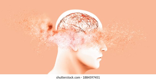 Memory lapses, forgetting things, degenerative disease. Brain problems. Parkinson and alzheimer desease. Mental health. Stroke, synapses and neurnons interaction. 3d render 