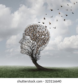 Memory Loss Concept And Alzheimer Patient Surreal Symbol As A Medical Mental Health Care Concept With An Empty Head Shaped  Tree And A Group Of Birds Shaped As A Brain For Dementia.