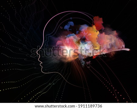 Memory Orbits series. Human face, lines, abstract elements end lights composition on subject of consciousness and human mind.