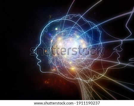 Memory Orbits series. Human face, lines, abstract elements end lights composition on subject of consciousness and human mind.