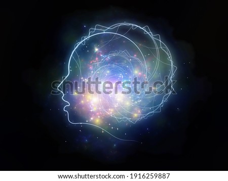Memory Orbits series. Human face, lines, abstract elements end lights composition on subject of consciousness and human mind.
