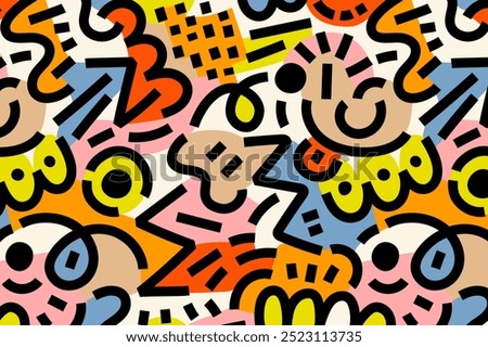 Memphis colorful doodle pattern background wallpaper. Colorful doodle graphic pattern, fun memphis background wallpaper. Colorful memphis pattern, fun squiggle doodle background pattern