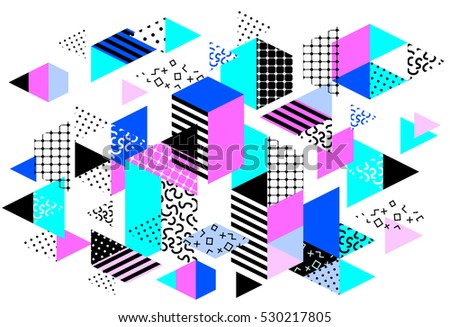 Memphis horizontal design with geometric shapes. Abstract 80s-90s styles design. Trendy colorful geometric hipster poster background. illustration stock .