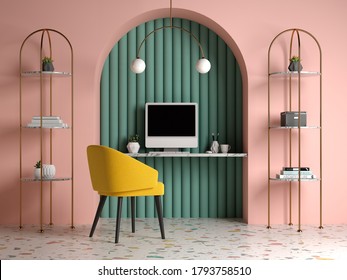 Memphis Style Conceptual Interior Home Office 3 D Illustration