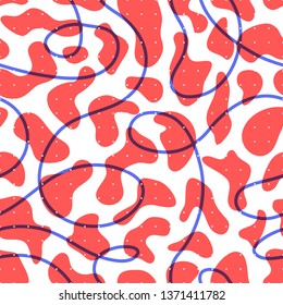Memphis style red seamless pattern. Decorative  background design. Scattered geometric line shapes. Old style simple wallpaper with curved elements. Abstract minimalist pattern for fabric print