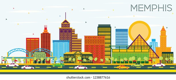 Memphis Tennessee Skyline With Color Buildings And Blue Sky. Business Travel And Tourism Concept With Historic Architecture. Memphis USA Cityscape With Landmarks.