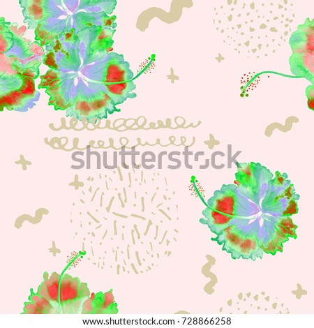 Memphis tropic pattern. Geometric seamless exotic rapport. Watercolor hibiscus flowers and grunge hand drawn elements, dots, doodles, lines, waves, circles, pluses. Summer watercolour print.