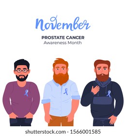 Men with beards and mustaches with blue ribbons pinned to the chest. Prostate cancer awareness month. November. Men s health concept. - Powered by Shutterstock