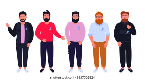 Men with beards and mustaches with blue ribbons pinned to the chest. Prostate cancer awareness month. November. Men's health concept - Powered by Shutterstock