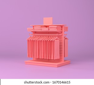 Men Cloth Shelf, Store Shelf, Shop Stand With Hanger And Clothes In A Purple And Pink Flat, Single Color Background, 3d Rendering, Shopping Store