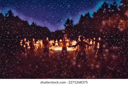 men dancing at night by the fire, man ceremony. - Powered by Shutterstock