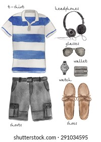 Men Fashion Outfit. Hand Drawn Watercolor Summer Clothing Set. 