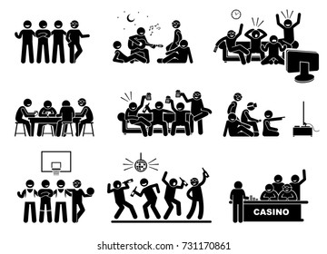 Men hanging out with a group of best friends together. The friendship is good and happy. They are playing guitar, watching tv, drinking beers, playing video games, basketball, dancing, and gambling. - Powered by Shutterstock