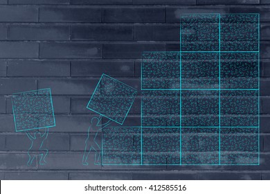 Men Lifting Blocks With Messy Binary Code, Metaphor Illustration About Software Development And Architecture