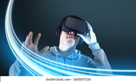Men playing virtual reality with effect line blue hololens hologram