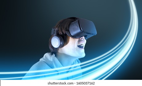 Men playing virtual reality with effect line blue hololens hologram