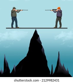 Men Point Guns At One Another And Both Will Die If They Fall. It Is A No Win Situation In A 3-d Illustration.