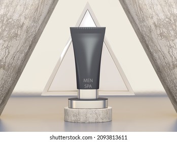 Men Spa. Skin Care Cosmetic Product For Men, Cream, Body Gel, Shampoo, Men's. 3d Rendering. Mock-up Promo Banner, Poster, Gray Background, Illustration 