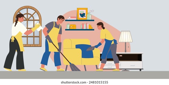 Men and women from cleaning service. Professionals doing cleanup with vacuum cleaner, mop, detergent, washing tools, clean appliances. Flat graphic vector illustrations isolated. - Powered by Shutterstock