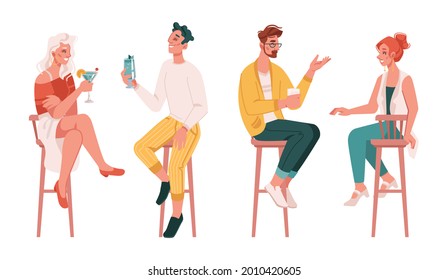 Men and women drinking alcoholic drinks, people enjoying cocktails in bar, pub or restaurant. Isolated friends talking and chatting, entertainment or nightlife. Flat cartoon character - Powered by Shutterstock