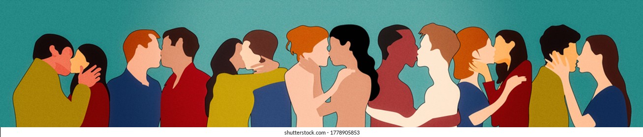 Men And Women Kissing Each Other. Gay And Lesbian Couples Kissing Each Other. Civil Unions Rights. Couples In Love. Freedom. LGBTQ Concept. Gay Pride. Banner