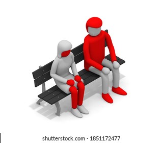 Men And Women Sitting On The Bench. A Person Dating In The Park. First Date. Men And Women Who Are Nervous. 3D Rendering