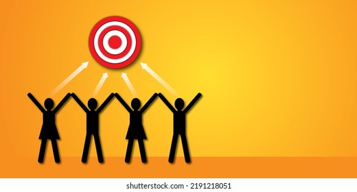 Men With Women And White Arrow To The Target As Metaphor For Team Work To Be Successful And Achieve Goals. Concept Teamwork Or Unity And Connection. Space For Text. Illustration Paper Cut Design Style