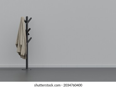 Men's Cardigan On A Hanger, Cloth And Accessories In A Grey Interior Room With Copy Space, 3d Rendering, Nobody