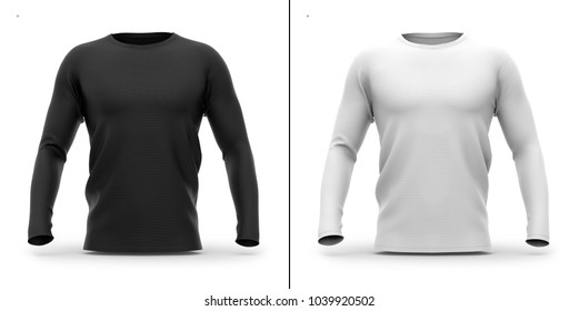 Men's Crew Neck T Shirt With Long Sleeves. Front View. 3d Rendering. Clipping Paths Included: Whole Object, Collar, Sleeve. Shadows And Highlights Mock-up Templates.